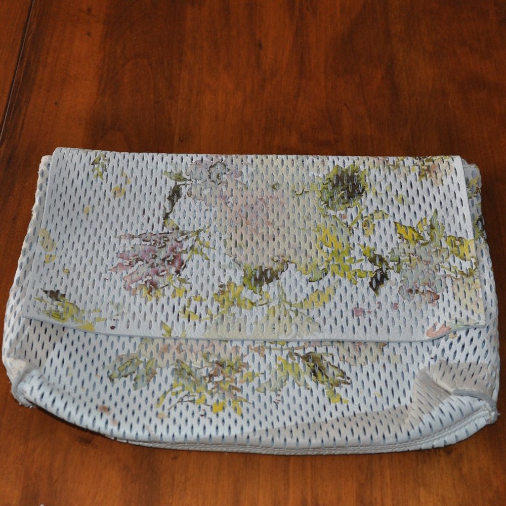 Anthropologie Floral Mesh Foldover Clutch in Light Blue and Yellow